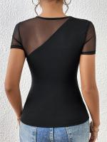 Nueva camiseta de manga corta con empalme de red, tops delgados para mujeres - details 9