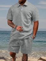 Conjunto de polo liso y pantalones cortos con cordón en la cintura para hombre, trajes de dos piezas cómodos y transpirables para uso diario al aire libre, ropa de hombre para el verano - details 8
