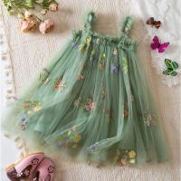 Vestido de malla para niña, niña de verano cubierto con bordado de flores, malla con tirantes verdes, vestido de princesa de playa - details 1