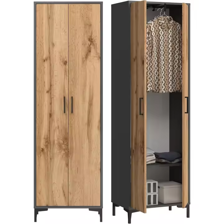 Armario con barra extensible y un estante, armario para pasillo, dormitorio, vestidor, 192 x 60 x 35 cm, grafito/roble Wotan - 1