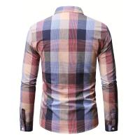 Camisa informal con estampado a cuadros y cuello alto de manga larga para hombre, primavera, otoño, al aire libre - details 4