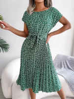Spring Summer Women Short Sleeve Pleated Long Dress Elegant High Waist Floral Fashion A-line Dress - details 8