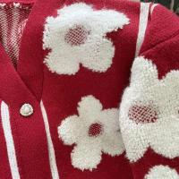 Flor flocada Nuevo cárdigan de punto rojo diseño de mujer nuevo suéter elegante de gama alta con cuello en V abrigo suéter - details 14