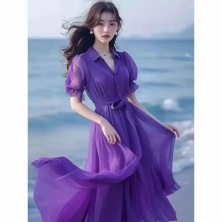 Nuevo vestido largo elegante de gasa amarilla para mujer, verano 2024, temperamento drapeado, media manga, informal, para vacaciones y playa - 1