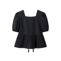 OUWU- Camisa Corta De Manga Abullonada Para Mujer De, Cuello Cuadrado Simple, Espalda Plisada, Puños Elásticos Sólidos, Dobladillo Suelto Informal, Blusa Corta, Nueva Camisa Elegante Para Primavera Y Verano - details 6