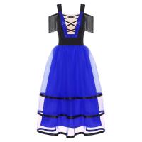 Vestido español mujer, vestidos baile Flamenco, mangas frías, vestido largo tul con bloques Color para bailar, disfraz fiesta - details 17