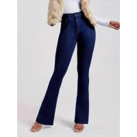 Pantalones vaqueros de estilo coreano para mujer, vaqueros acampanados de cintura media en azul oscuro - details 2
