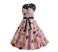 Lace patchwork summer women a line elegant vintage party dress with belt - details 106