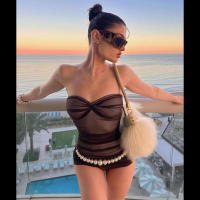 BUNO-body transparente sin tirantes para mujer, Top Sexy de doble cubierta con pliegues sólidos, ropa de club a la moda para playa, 2024 - details 6