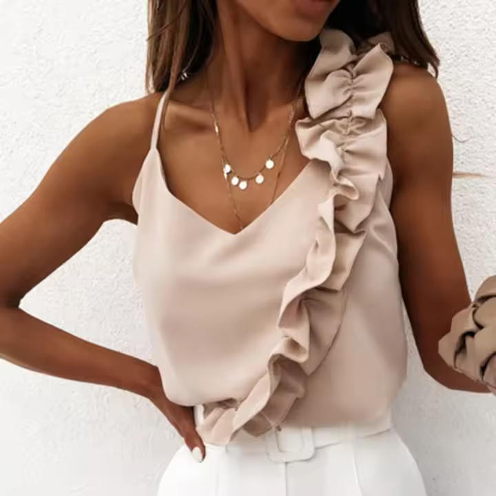 Top de verano con cuello en V y camisa de oficina sexy sin mangas con volantes, ropa casual con hombros descubiertos para mujer - 1
