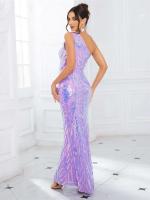 Lentejuelas largas con hombro rosa lavanda, vestido de fiesta de noche sin mangas para mujer - details 6