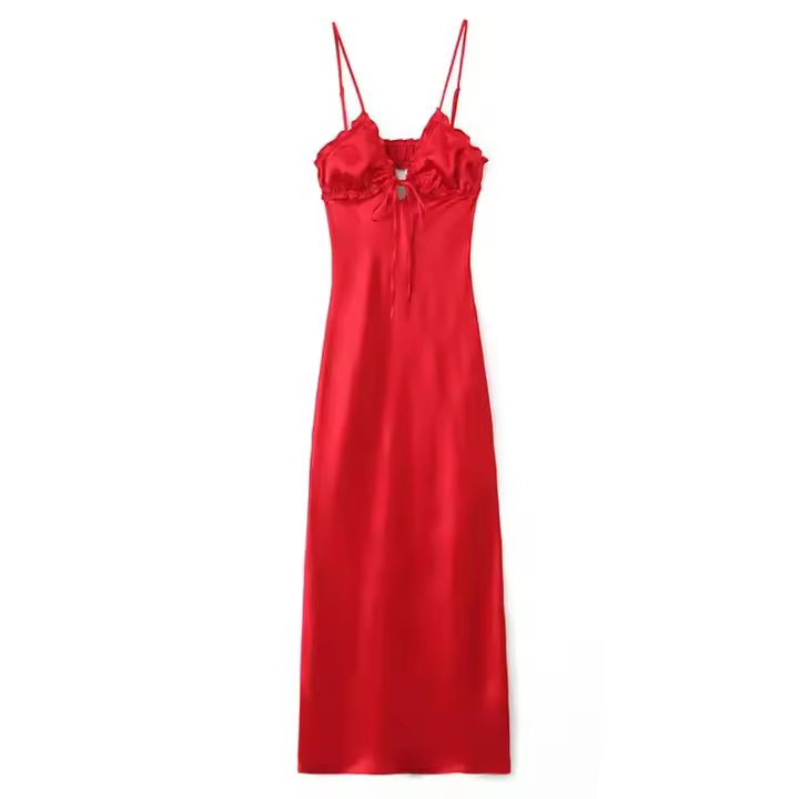 TRAFZA-vestido largo con escote en V para Mujer, prenda sin mangas con cremallera ajustada, pliegues, versátil, verano, 2024 - 1