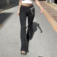 Pantalones acampanados de encaje para mujer, pantalones negros de cintura alta con lazo largo, ropa elástica cómoda de algodón estético - details 5