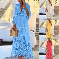 Vestido largo bohemio con cuello en V y borlas para mujer, informal, de talla grande, a la moda, liso, bohemio, para vacaciones - details 4