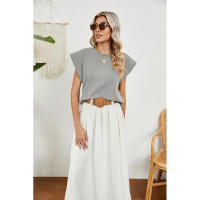 BUNO-2025 Tops para mujer, pantalón corto informal de moda de verano, camisetas básicas con textura a rayas de Color sólido y cuello redondo - details 25