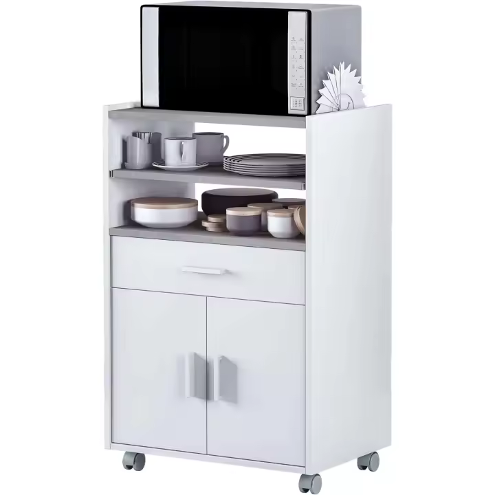 Mueble Microondas, Armario con 1 Cajón y 2 Puertas, Acabado en Blanco Artik y Cemento, - 1