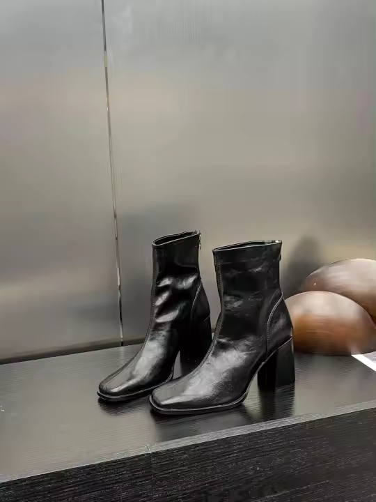 Tacón alto cabeza cuadrada botas delgadas botas cortas zapatos de mujer nuevo tacón grueso marrón con falda - 1