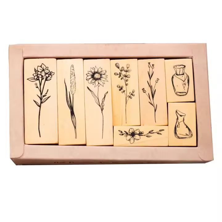Conjunto de Peine de Madera Lotus Retro Sello de Planta Decorativo Diario de Álbum de Fotos DIY - 1