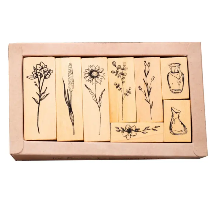 Conjunto de Peine de Madera Lotus Retro Sello de Planta Decorativo Diario de Álbum de Fotos DIY - 1