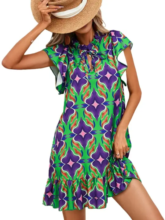 Vestido de Verano Mini de Algodón con Estampado de Flor de Naranja Cuello Redondo, Manga de Loto, Perfil Línea A - 1