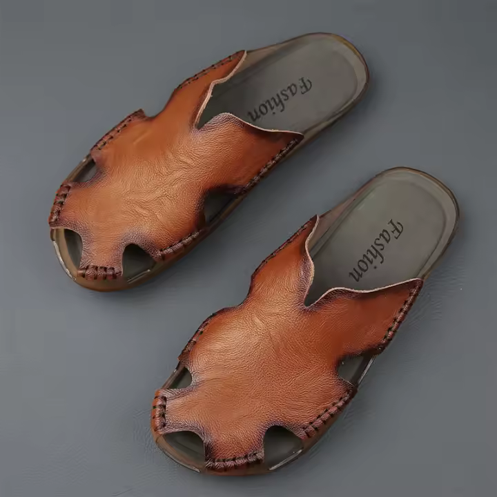Zapatos de playa de cuero de verano de gran tamaño 2022, sandalias de piel de vaca para exteriores de una palabra, sandalias para hombre - 1