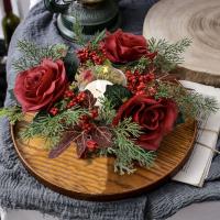 Corona de vela navideña de flores artificiales, anillos de vela románticos de 30CM, suministros de fiesta de rosas rojas, corona de candelabro, decoración navideña - details 2