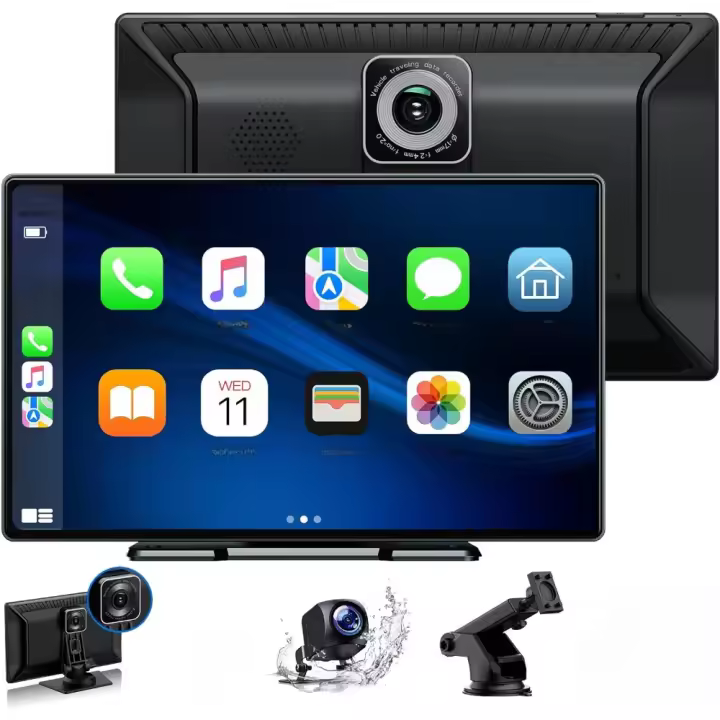 Inalámbrico Carplay y Android Auto, Radio Coche Portátil 9" con Dashcam Frontal 2.5K,Cámara Trasera 1080P, - 1