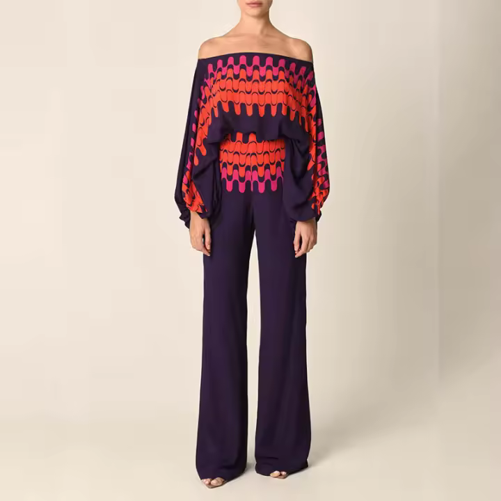 Primavera 2025 para mujeres |   Conjunto estampado con manga murciélago y pantalón palazzo |   Estilo bohemio chic |   Cinturilla ajustable |   Tela transpirable - 1