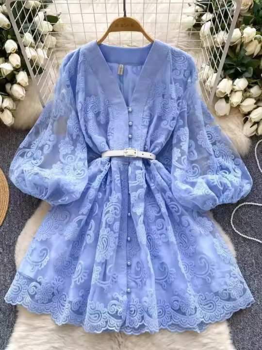 Francia elegante Vintage Palacio noche mujeres bordado fajas Vestido corto de fiesta diseño femenino Casual ropa de vacaciones nuevo - 1