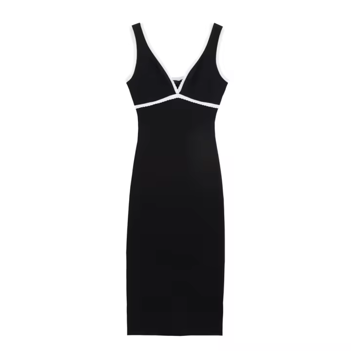 Vestido sencillo con cuello en V y tirantes de color contrastante Temperamento 2025 Verano Nueva ropa de mujer - 1