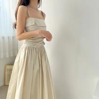 Vestido de tirantes de verano para mujer, falda acampanada plisada de cintura alta, vestido largo coreano Sle Pure Desire, cuello cuadrado, viaje dividido - details 13