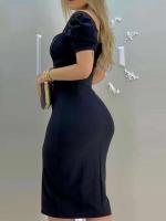 Vestido ajustado con abertura abombada y cinturón para mujer, vestido informal de verano de manga corta para trabajo - details 4