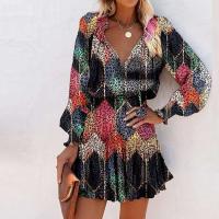Vestido Mini de Impresión Colorida Cuello en V, Cintura Elástica, Mangas Largas, Chifón para Mujeres Primavera-Verano - details 14