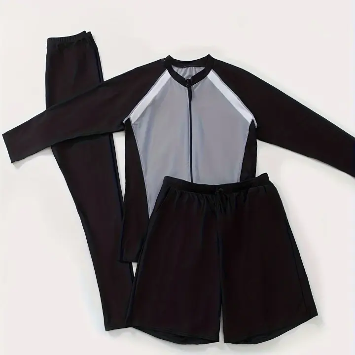Conjunto de protección solar acuática para hombre, camiseta de manga larga con cremallera y bloque de color, 3 piezas - 1