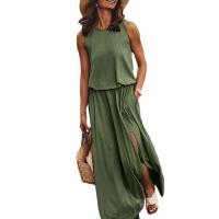 2025 verano nueva ropa de mujer europea y americana vestido sin mangas con cuello redondo vestido largo de color sólido multicolor con puntas divididas. - details 8