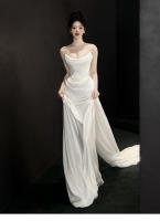 Vestido de novia ligero de satén, estilo francés, sensación sencilla y lujosa, acogedor y para salir con un vestido blanco sin tirantes - details 7