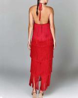 Vestido con abertura y espalda descubierta con flecos y cuello a la moda para mujer - details 8