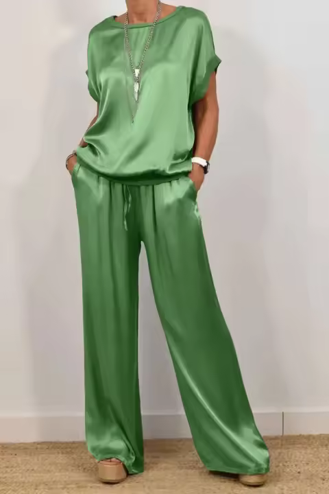 Conjuntos de dos piezas de camiseta y pantalones de satén holgados informales para mujer, camisetas de manga corta con cuello redondo a la moda, traje para primavera y verano, conjuntos de pantalones de pierna ancha - 1