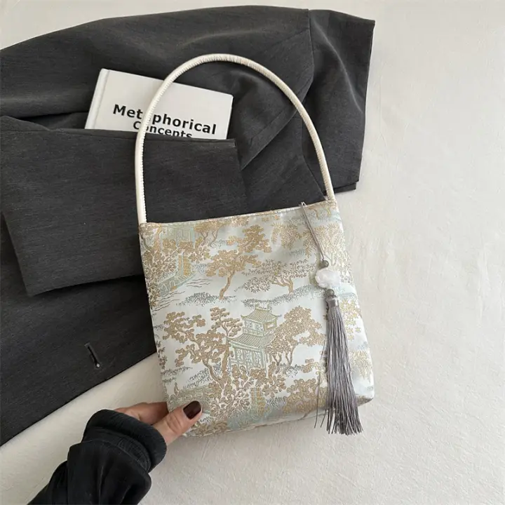 Bolso de Hombro Chino Moderno para Mujeres 2024 Bolso de Mano de Estilo Antiguo Hanfu en Forma de Cubo - 1