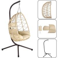 Sillón Colgante de jardín, Silla Mecedora Hamaca para Exterior, Estructura de Metal Nido de ratán y Cuerda + cojín Asiento Acolchado y reposacabezas, diseño Moderno, 198 x 110 x 95 cm (Beige) - details 3