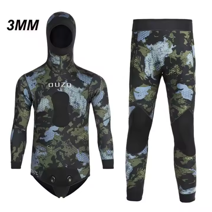 Nuevo traje de neopreno de 5mm con capucha de fisión de manga larga de 3mm 2 piezas de neopreno sumergible traje de neopreno de camuflaje para hombres - 1