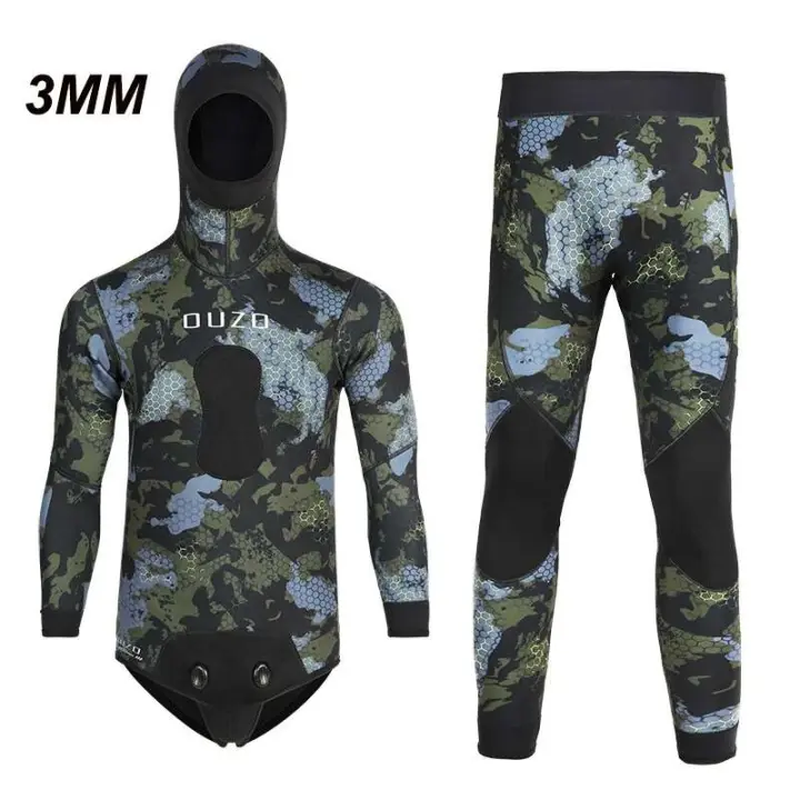 Nuevo traje de neopreno de 5mm con capucha de fisión de manga larga de 3mm 2 piezas de neopreno sumergible traje de neopreno de camuflaje para hombres - 1