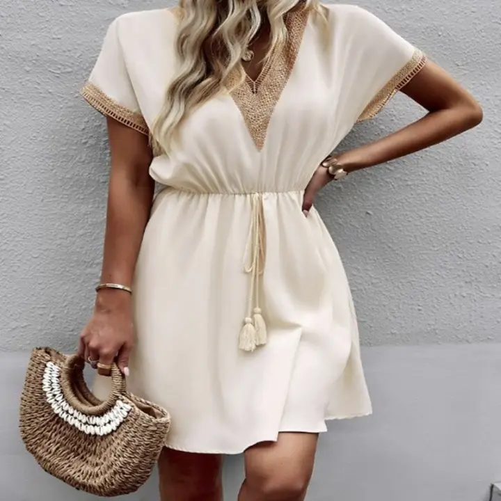2025 Primavera/Verano Vestido de cintura con cuello en V y encaje de manga corta de color sólido - 1