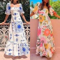Vestido Maxi de Verano para Mujer Manga Corta, Cuello Cuadrado, Estilo Ple Pleito, Impresión Acolchado, Delgado, Perfecto para Fiestas y Vacaciones - details 12