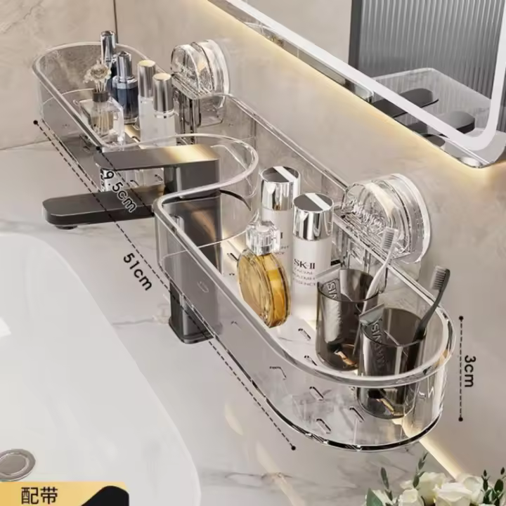 Soporte de pared para lavabo, estante de almacenamiento con ventosa, instalación sin perforación, espejo para fregadero, estante de almacenamiento frontal, grueso, extraíble - 1