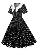 Vestido midi elegante informal para mujer con lunares, cuello Peter Pan, cintura alta y corte en A - details 10