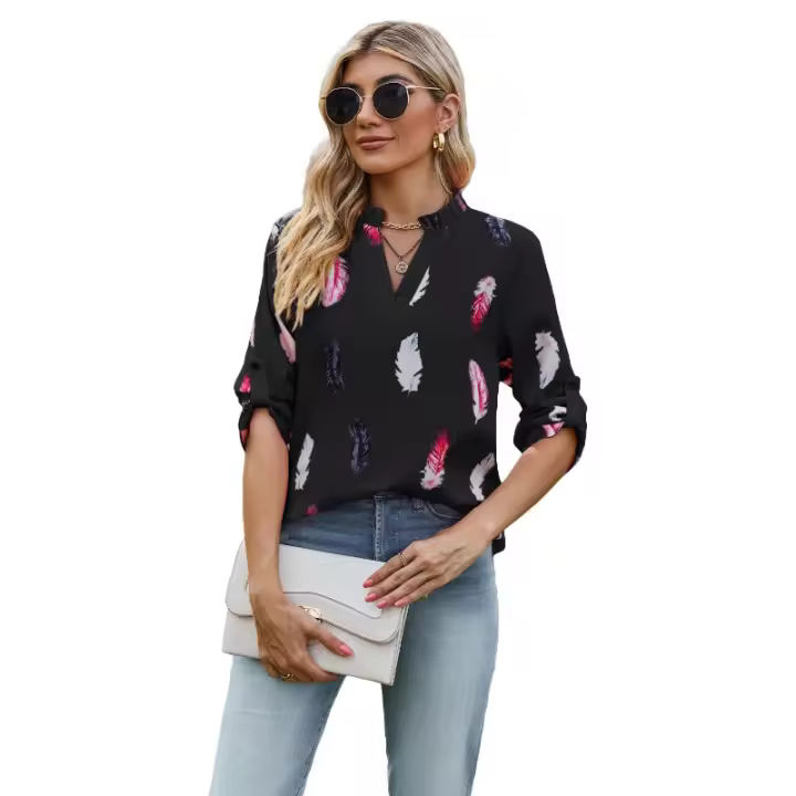 Camisa con estampado de plumas de tres cuartos y manga e para mujer, cuello en V, otoño, nueva - 1