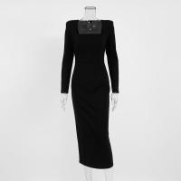 Primavera estilo francés elegante pequeño negro largo cuello cuadrado Slim Fit Bodycon diseño Dre - details 12