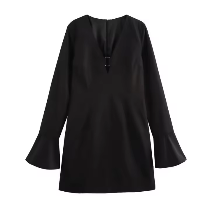 - 2025 Casual Chic para Mujer Decoración de Hebilla de Metal Sólido Manga Larga Mini Nueva Moda Mujer ss - 1