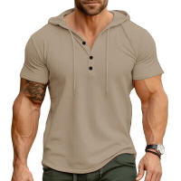 Hombres Deportes Fitness Casual al aire libre de manga corta camiseta con capucha Top Henley Shirt. - details 22